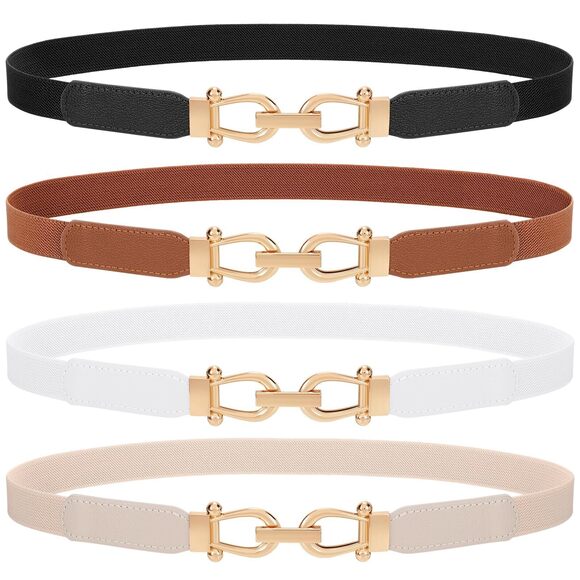 3498 4 Pack Skinny Elastic Belts For Women Gold Buckle Thin Stretchy Waist main image 7